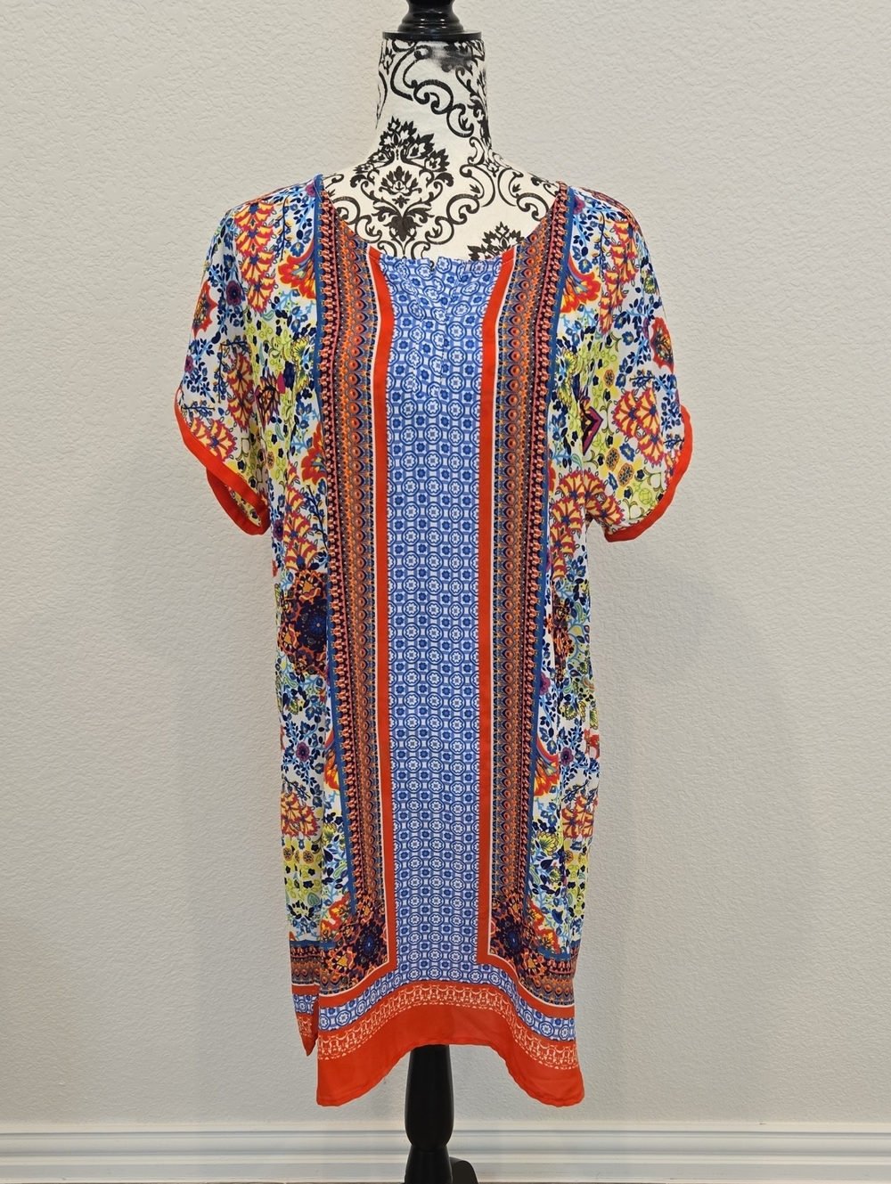 Uncle Frank Colorful Boho Print Shift Dress - Blue & Orange